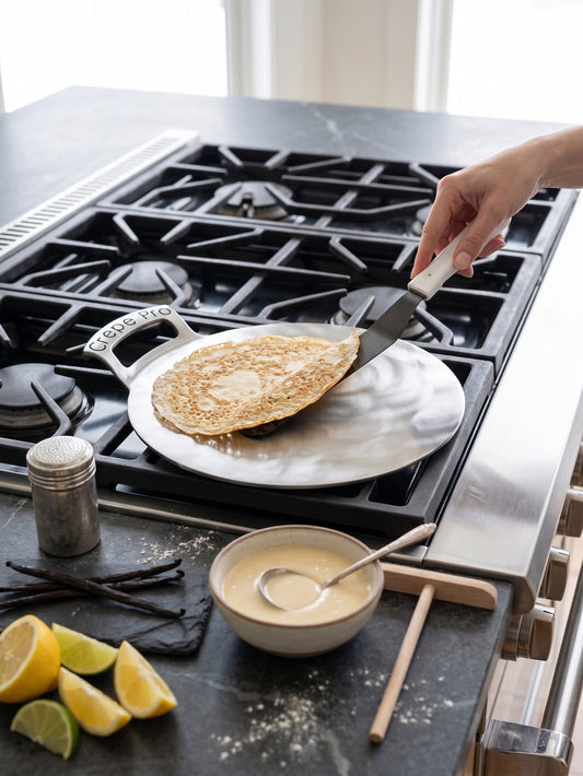 A hand uses a spatula to flip a golden-brown crepe or pancake on a round metal carbon steel 12" Crepe Pro pan set over a black gas stovetop. A small bowl of batter, lemon slices, vanilla beans, and a metal shaker sit on the dark countertop in a bright kitchen setting.