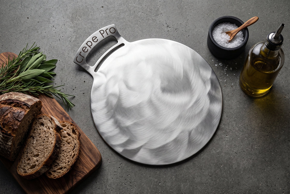 A round carbon steel 12" Crepe Pro pan serving board with a handle engraved with 'Crepe Pro', styled on a gray stone surface with sliced bread on a wooden board, a small bowl of coarse salt, and a bottle of olive oil.