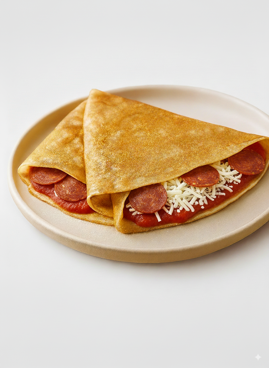 Crispy pepperoni pizza crepe cooked on an ELMNT 726 carbon steel pan