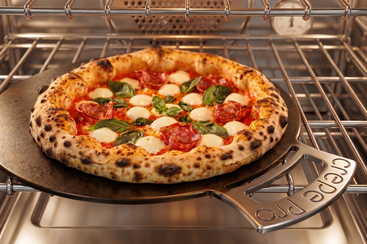 A freshly baked Napoleon style pizza on a dark 16" crepe pro carbon steel pan with a metal handle branded 'Crepe Pro', sitting on an oven rack inside an oven.